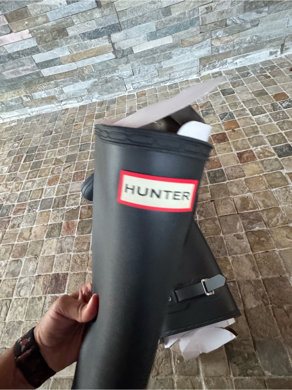 Hunter Black Tall Rubber Rain Boots with Red Logo Trim - Picture 9 of 9
